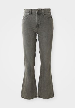Flared gray denim jeans with a high waist, belt loops, five pockets, and a soft, textured fabric finish.