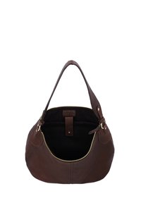 Borsa a mano in pelle marrone con una singola tracolla, cerniera superiore aperta e interno nero vuoto mostrati su sfondo bianco.