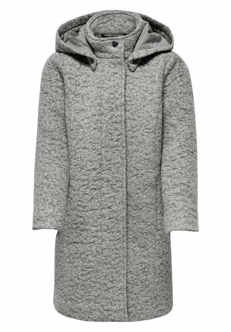 Gray textured woolen hooded coat with long sleeves and concealed front buttons, shown on a white background.