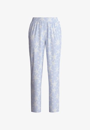 Lichtblauwe broek met een elastische tailleband, voorzien van een wit sterrenpatroon. Zachte stof, tapering ontwerp van de broekspijpen, casual stijl.