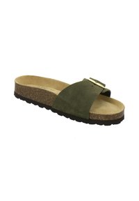 Open-toe slide sandal with cork sole, black tread, olive green suede strap, and gold-tone adjustable buckle.