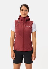 Gilet rosso senza maniche con cappuccio, realizzato in materiale leggero. Presenta una chiusura con zip, accenti grigi a contrasto e due tasche frontali.