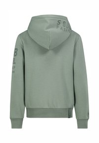 Mintgrüner Kapuzenpullover mit Kordelzug, gerippten Bündchen und Saum. Mit bedrucktem Text auf dem Rücken und dem Ärmel in Dunkelgrau. Glatter Stofftextur.