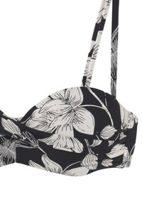 Top bikini floreale in bianco e nero con spalline regolabili, tessuto strutturato e dettagli arricciati sotto il busto.