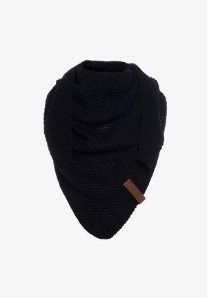 Czarna, dziana chusta o teksturalnym, trójkątnym kształcie; posiada brązową skórzaną metkę. Miękki materiał zaprojektowany z myślą o ciepłocie i komforcie.