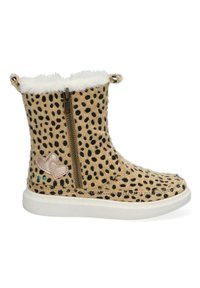 Botas de tobillo con estampado de leopardo, exterior de suave piel texturada, forro de piel sintética blanca, detalles en forma de corazón rosa y cremallera exterior.