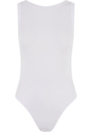 Witte bodysuit met een geribbelde textuur, zonder mouwen, ronde hals en hoge uitsneden bij de benen, met een naadloze afwerking en geen zichtbare hardware.