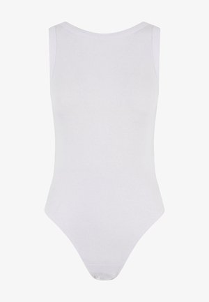 Valge bodi ribakujulise tekstuuriga, ilma varrukateta disain, ümar kaelus ja kõrge lõikega jalad, millel on ilma nähtava riistvarata sujuv viimistlus.