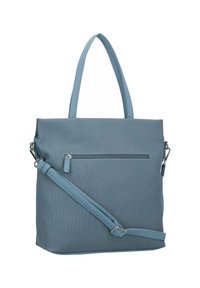 Borsa tote sintetica blu con doppi manici, tracolla removibile, tasca frontale con zip e superficie testurizzata. Design semplice con linee pulite.