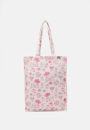 Canvas draagtas met een witte achtergrond en roze bloemenprint. Beschikt over twee bijpassende stoffen handvatten en een klein merklabel.