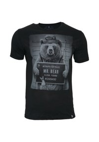 Black T-shirt featuring a graphic print of a bear in a police lineup holding a sign labeled "MR. BEAR Illegal Fishing."