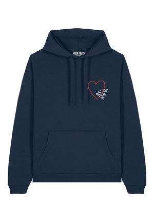 Navy blue hooded sweatshirt with a front pocket and red heart graphic featuring safety pins. Made from soft, textured fabric.