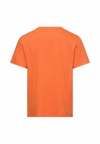 Prosty pomarańczowy t-shirt z krótkim rękawem widoczny od tyłu, z okrągłym dekoltem i regularnym krojem.