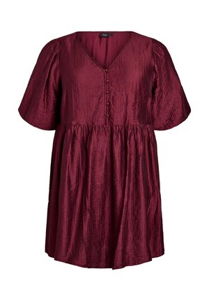 Burgundy dress with short puff sleeves, a deep V-neckline, and a gathered waist, featuring textured fabric and buttons down the front.