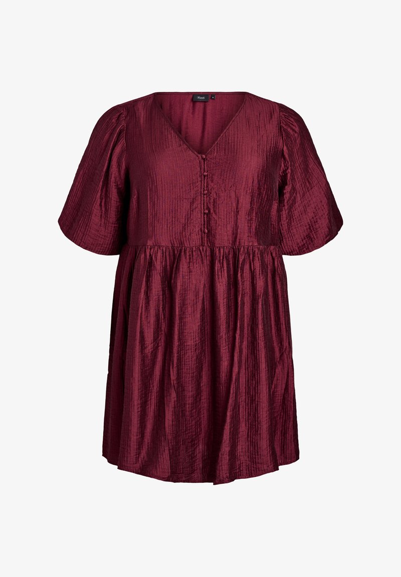 Burgunderfarbenes Kleid mit kurzen Puffärmeln, einem tiefen V-Ausschnitt und einer gerafften Taille, aus strukturierter Stoff und mit Knöpfen auf der Vorderseite.