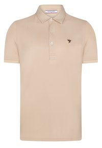 Polo shirt beige en tissu texturé, avec un col, une patte de boutonnage à trois boutons et un petit emblème d'oiseau marron sur la poitrine.