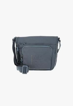 Gray crossbody bag with a textured grid pattern, adjustable strap, front zippered pocket, and printed branding on the surface.