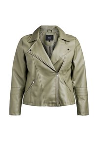 Olive green leather jacket featuring a notched collar, asymmetrical zip closure, and two front zip pockets with quilted accents on sleeves.