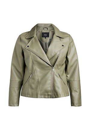 Giacca di pelle verde oliva con colletto a punte, chiusura con zip asimmetrica e due tasche anteriori con zip, con dettagli trapuntati sulle maniche.