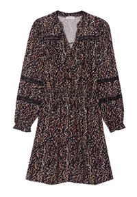 Floral dress made of lightweight fabric, featuring a dark base with colorful spots, a V-neck, long puff sleeves, and an elastic waist.