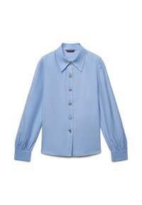 Blusa a maniche lunghe azzurro chiaro con un ampio colletto, chiusura a bottoni e maniche a sbuffo. Realizzata in tessuto liscio con bottoni in tono argentato.