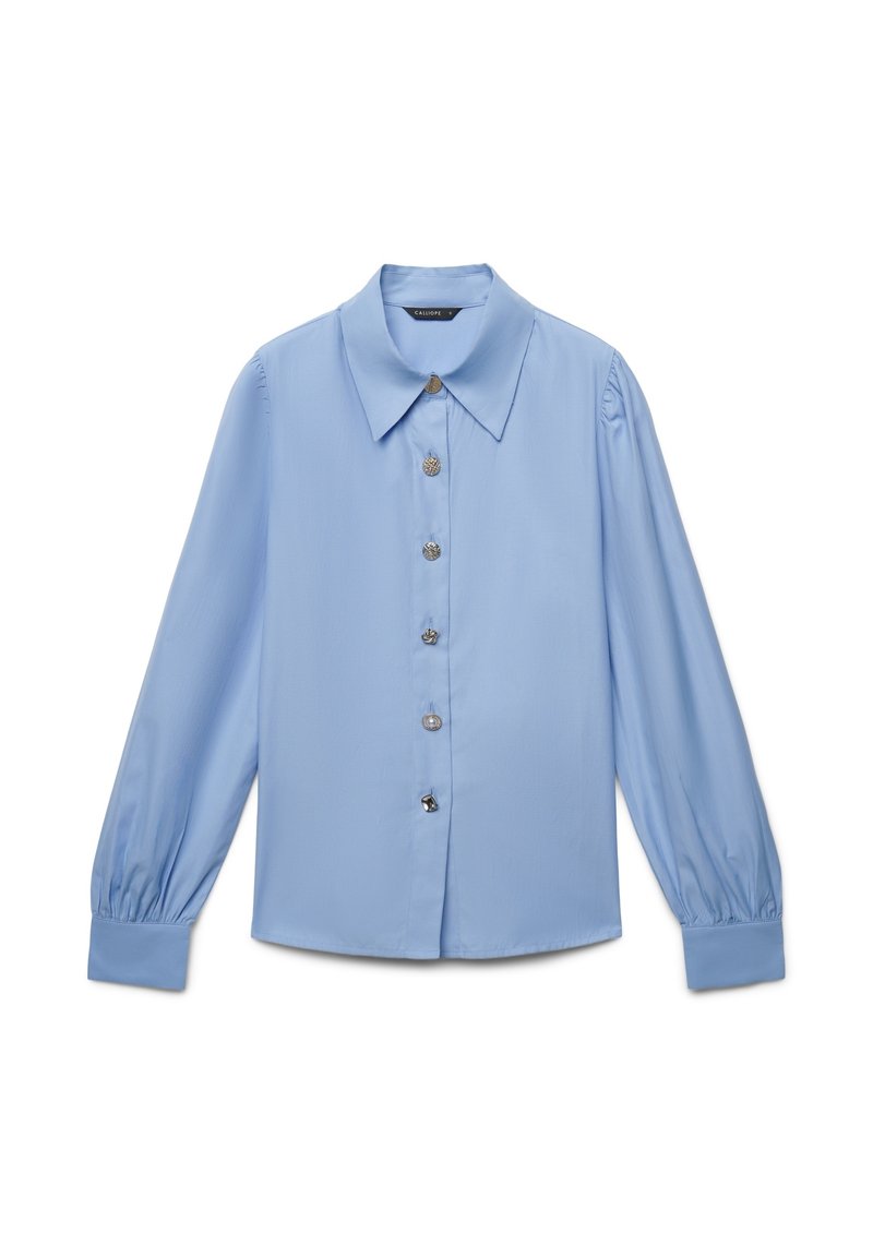 Blusa a maniche lunghe azzurro chiaro con un ampio colletto, chiusura a bottoni e maniche a sbuffo. Realizzata in tessuto liscio con bottoni in tono argentato.