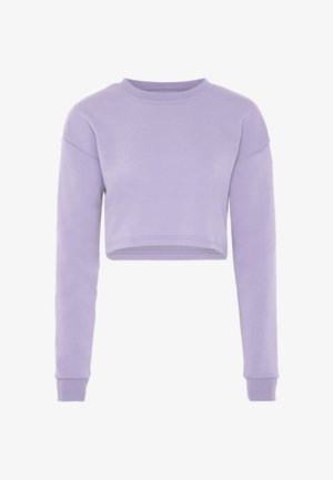 Felpa a maniche lunghe cropped color lilla con collo a giro e polsini a costine, presentata su uno sfondo bianco.