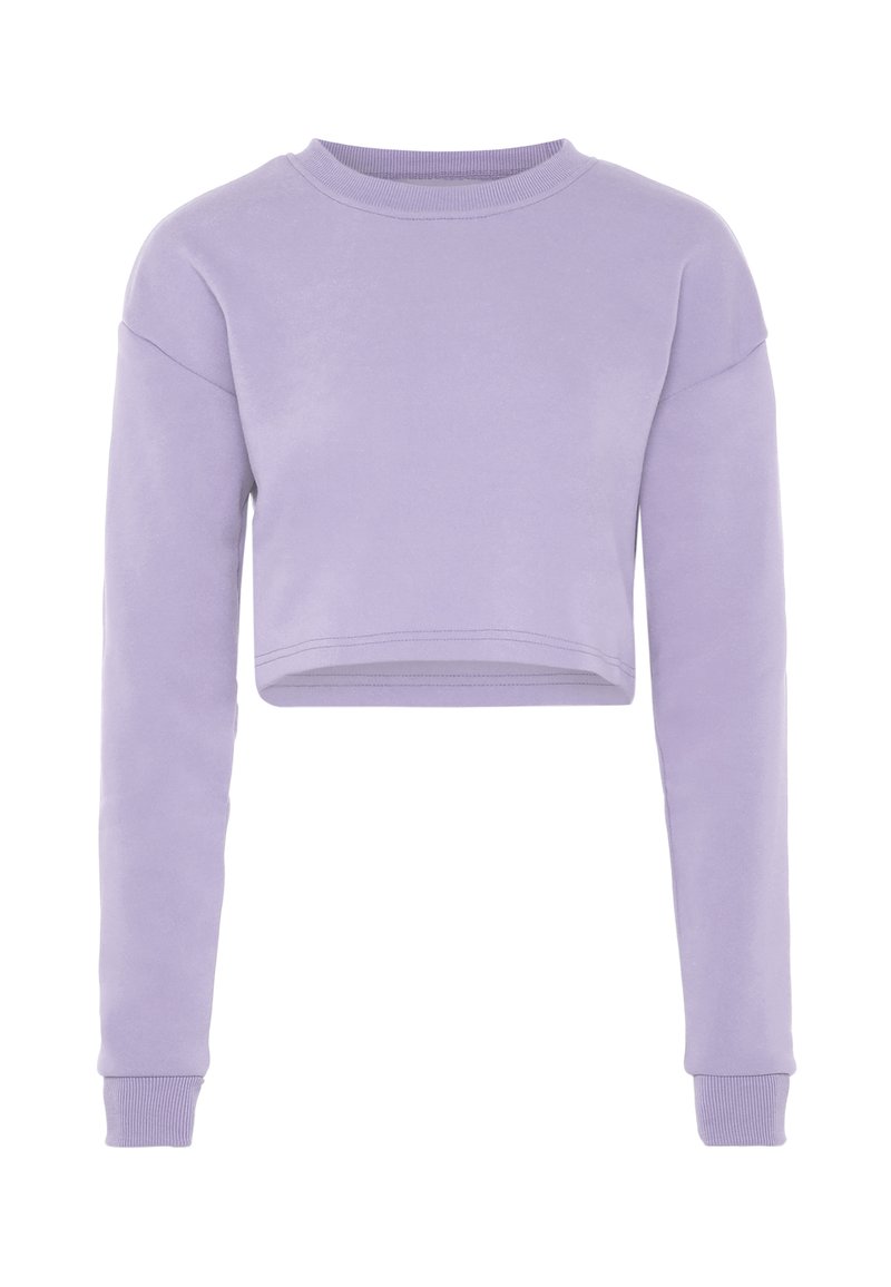 Felpa a maniche lunghe cropped color lilla con collo a giro e polsini a costine, presentata su uno sfondo bianco.