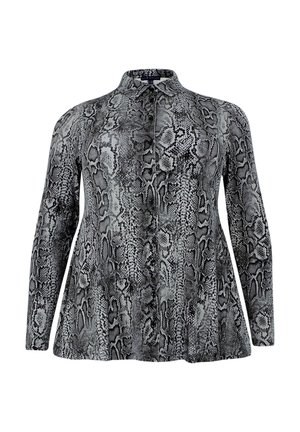 Langärmlige Bluse in Schwarz-Weiß mit Schlangenmuster, mit Kragen, durchgehender Knopfleiste und ausgestellter Form, aus glattem Stoff gefertigt.