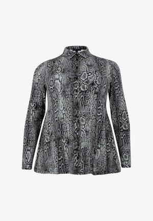 Langärmlige Bluse in Schwarz-Weiß mit Schlangenmuster, mit Kragen, durchgehender Knopfleiste und ausgestellter Form, aus glattem Stoff gefertigt.