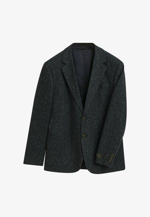 Dunkelgrauer gepunkteter Herrenblazer mit Reverskragen, zwei vorderen Knöpfen und geknöpftem Ärmel, an dem das GANT-Label sichtbar ist.