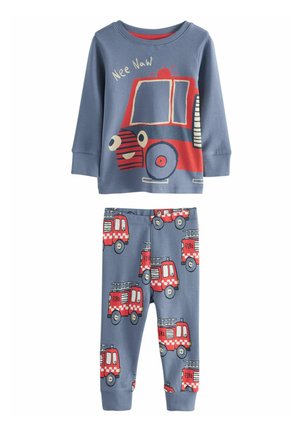 Camisa de pijama de mangas largas azul con un gráfico de camión de bomberos rojo y texto "Nee Naw", combinada con pantalones a juego que presentan un patrón repetido de camiones de bomberos.