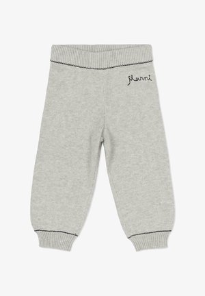 Grijze gebreide legging met een geribbelde tailleband en boorden. Voorzien van zwarte gestikte details en een klein geborduurd logo. Zacht, rekbaar materiaal.