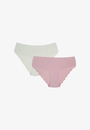 Dwie pary prążkowanej bielizny: jedna w jasnozielonym kolorze, druga w różowym, obie z falowanymi krawędziami i bezszwowym designem.