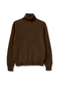 Brauner, langärmeliger Wollrollkragenpullover mit gerippten Bündchen und Saum, flach auf einem weißen Hintergrund ausgebreitet.