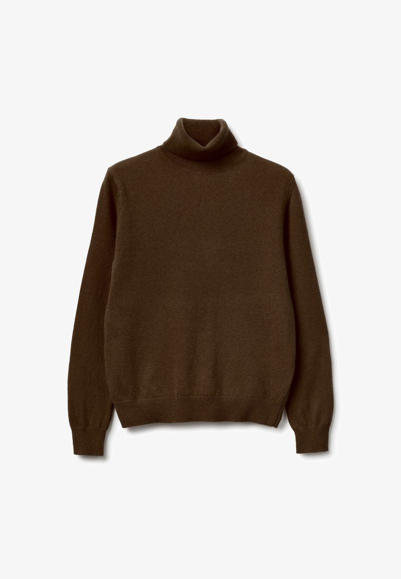 Brauner, langärmeliger Wollrollkragenpullover mit gerippten Bündchen und Saum, flach auf einem weißen Hintergrund ausgebreitet.