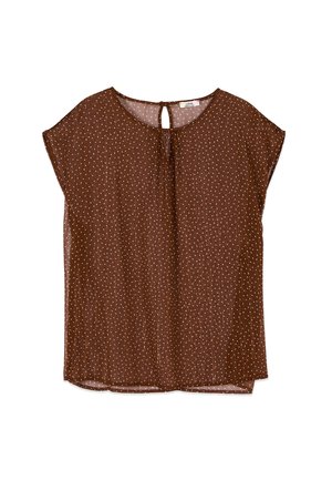 Bluza maro cu mâneci scurte, cu buline albe mici și închidere cu nasture în formă de cheie la baza gâtului pe partea din spate.