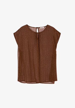 Bluza maro cu mâneci scurte, cu buline albe mici și închidere cu nasture în formă de cheie la baza gâtului pe partea din spate.