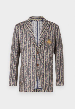 Floral-patterned blazer with navy and cream stripes, featuring a notch lapel, two buttons, and a chest pocket with emblem detail.