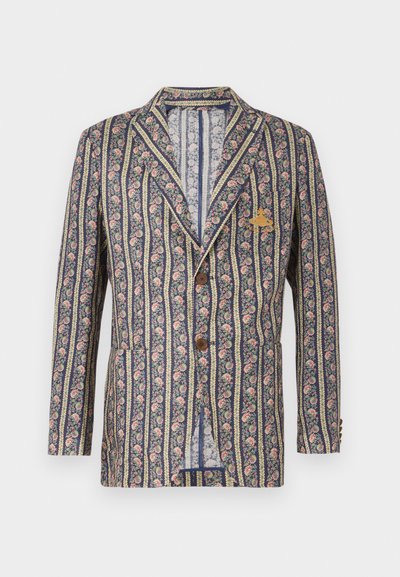 Floral-patterned blazer with navy and cream stripes, featuring a notch lapel, two buttons, and a chest pocket with emblem detail.