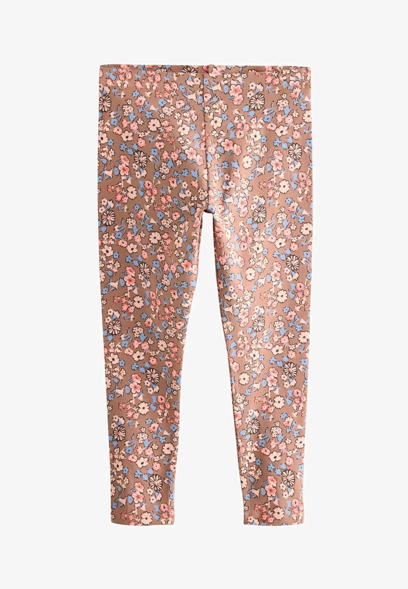 Leggings realizzati in tessuto morbido con uno sfondo marrone, caratterizzati da un motivo floreale in rosa, bianco e blu. Design aderente alla caviglia.