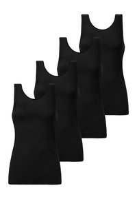 Tops de tirantes negros hechos de tela suave, con escote redondo y tirantes anchos. Cuatro piezas mostradas en fila.