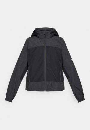 Black jacket with a hood, featuring a grid pattern on the upper section and solid black lower part. Front zip closure and elastic cuffs.