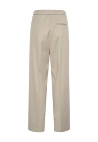 Beige bredde bukser med en glat tekstur, elastisk talje og en enkelt baglomme, der har rene, skræddersyede linjer.