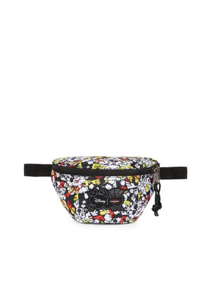 Black waist bag with colorful animated character pattern, Disney and Eastpak logos, and a zipper closure with a black adjustable strap.