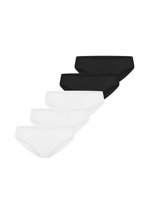 Pięć prostych bawełnianych majtek w kolorze czarnym i białym, ułożonych w przesunięty stos na białym tle.