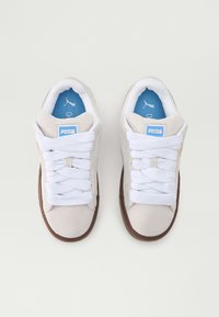 Sko laget av lys grå semsket skinn med hvite lisser, blå innside og brun gummisåle. Puma-logo på hælen og tungen.