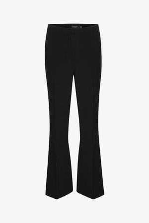 Schwarze, ausgestellte Hose aus glattem Material, mit einer taillierten Taille und einem schlichten Design ohne sichtbare Verschlüsse oder Verzierungen.