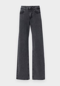 Pantalones vaqueros anchos negros de mezclilla, con cintura alta, bolsillos frontales y un acabado limpio. La tela tiene una textura sutil.