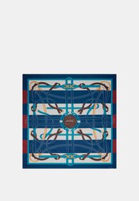 Foulard in seta con un design blu e bordeaux, caratterizzato da cinghie marroni intrecciate e dettagli dorati, incentrato su un logo circolare.